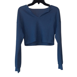 SHEIN Textured Blue long sleeve v neck crop Top